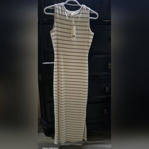 See You Monday Cream and Tan Striped Maxi Dress